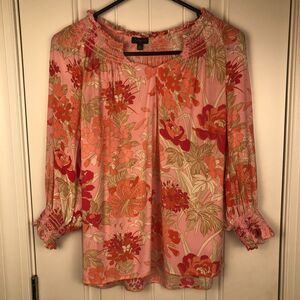 Talbots Blouse Top Pink Floral Petite Medium Cottage Coquette Peasant Fairy Boho